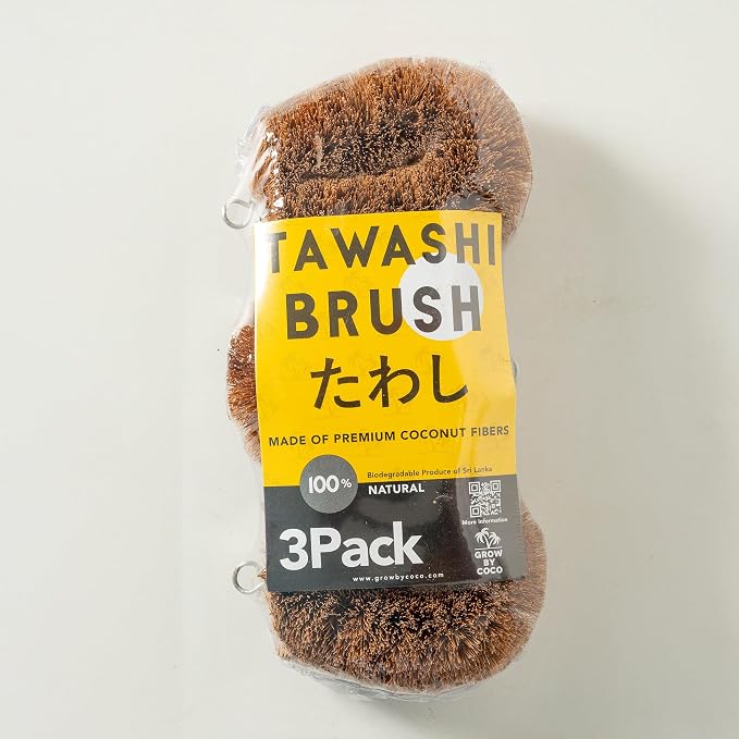 Pack of 3 Tawashi 100% Natural Coconut Coir Fiber Brush, Vegetable Scrub Brush by GrowByCoco