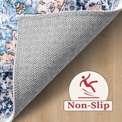 SERISSA Washable Rugs 9x12 Area Rugs, Large Non-Slip Blue Orange Living Room Rug, Ultra Soft Boho Vintage Print Distressed Oriental Farmhouse Carpet for Dining Room Bedroom Dorm Office Home Decor