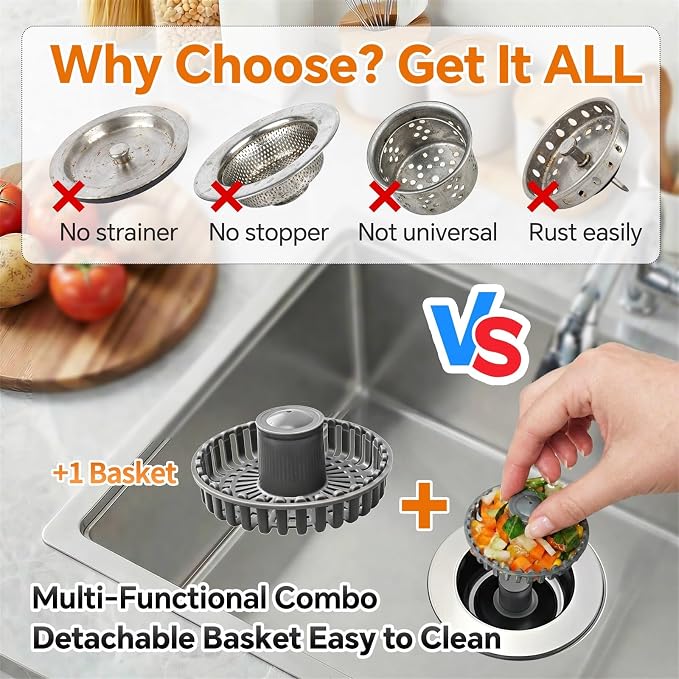 Solid Brass Body 3-in-1 Kitchen Sink Drain Strainer & Stopper, Heavy Duty Pop - Image 4