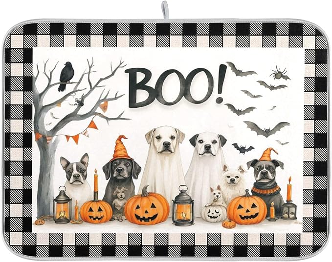Halloween Dogs Dish Drying Mat for Kitchen Countertop 16x18 Raven Bat Pumpkin by Wamika