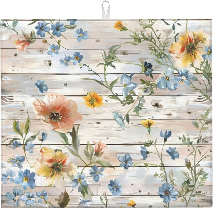 Flowers on Wooden Board Dish Drying Mat 16x18 Inch, Microfiber Absorbent Fast by Unknown