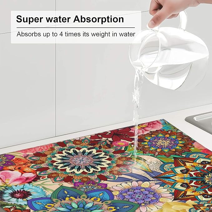 Boho Floral Dish Drying Mat for Kitchen Counter Washable Absorbent Reversible - Image 6
