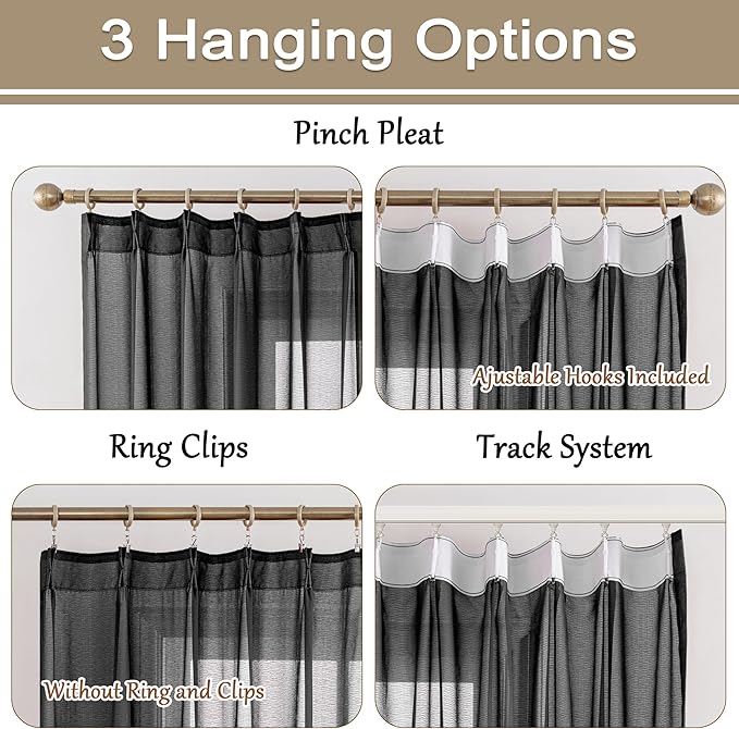 MAIHER 80 Inch Length Pinch Pleated Sheer Curtains Light Filtering Voile for Patio Door Living Room Soft Touch Lightweight Pleated Drapes with Adjustable Hooks, Black, 42" W x 80" L, 2 Panels