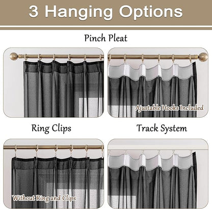MAIHER Black Pleated Sheer Curtains 90 Inch Length for Bedroom Soft Touch Light Filtering Lightweight Pinched Pleated Drapes with Adjustable Hooks for Living Room, Black, 42" W x 90" L, 2 Panels