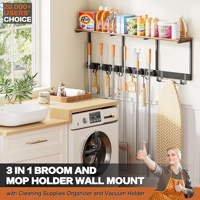 Broom Holder Wall Mount with Cleaning Supplies Organizer, Laundry Room - Image 2