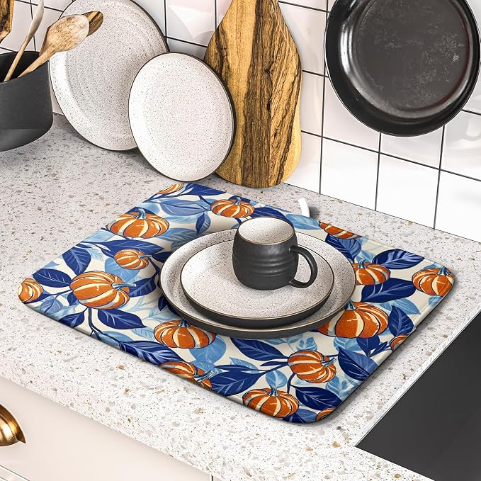 Blue Burnt Orange Fall Pumpkin Dish Drying Mat - Image 5