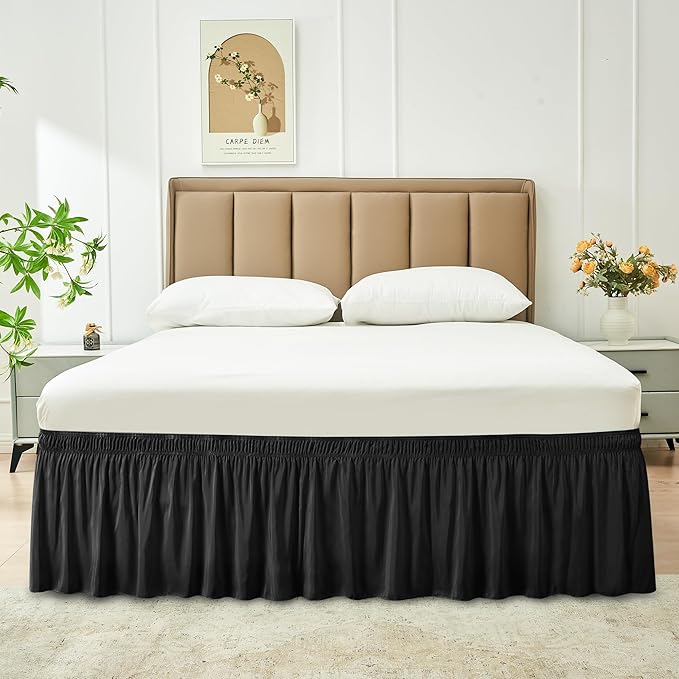 Biscaynebay Wrap Around Bed Skirts for Full & Full XL Beds 19" Long Drop, Black Adjustable Elastic Dust Ruffles Easy Fit Wrinkle & Fade Resistant Silky Luxurious Fabric Solid Machine Washable