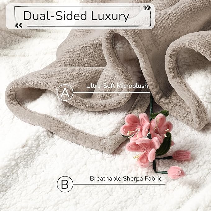 Electric Heated Blanket Queen Size 84"x90" - Dual-Sided with Microplush & Sherpa Fabric, 4 Heat Settings & 10 Hours Auto Off, Dual Controller, Machine Washable - Light Brown