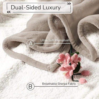 Electric Heated Blanket Queen Size 84"x90" - Dual-Sided with Microplush & Sherpa Fabric, 4 Heat Settings & 10 Hours Auto Off, Dual Controller, Machine Washable - Light Brown