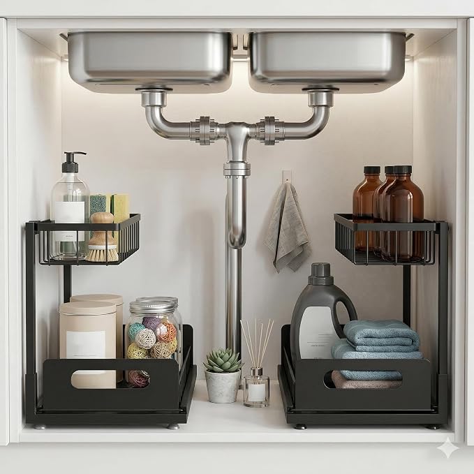 Under Sink Organizer 2 Tier, Pull Out Drawer Slides Under Sink Storage by MERATIA
