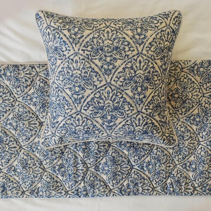 The HomeCentric King/Queen/Twin Blue Designer Twin 53"x18" Bed Runner with 2 Pillow Cover, Embroidery, Quilted Bed Scarf on Cotton Fabric - Farzeen Blue