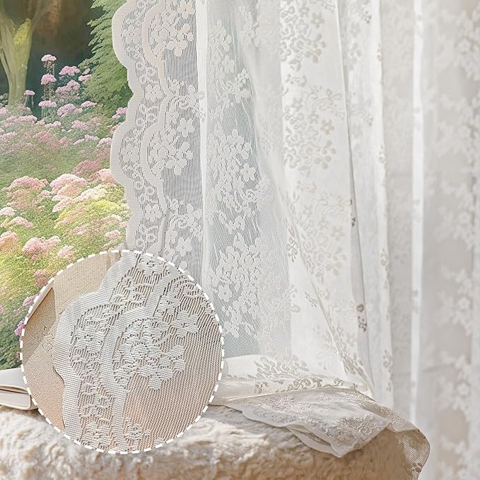 Anmao Vintage White Lace Curtains 72 Inches Long 2 Panels Set, Romantic Elegant Light Filtering Semi Sheer Floral Thick Lacy Curtain Drapes for Living Room and Bedroom, Each Panel 55W x 72L, Off White