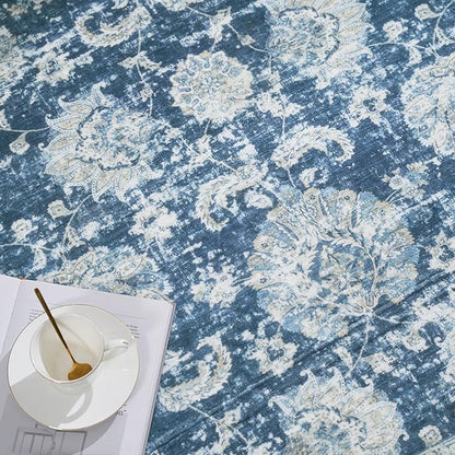 jinchan Fiora Round Rug 8ft Area Rug - Dark Blue Vintage Floor Mat Indoor Ultra-Thin Soft Floral Print - Washable Circle 8' Retro Accent for Farmhouse Non Slip Dining Room Living Room Bedroom Office