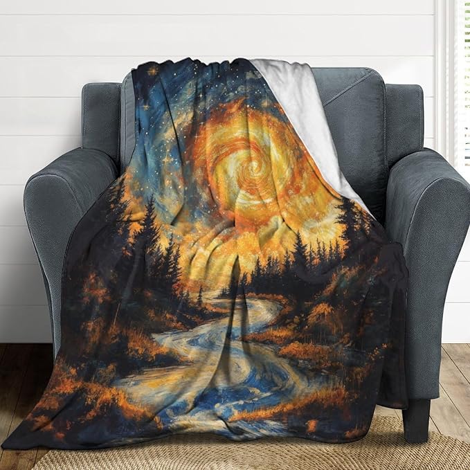 Magic Forest Blanket, Abstract Art Oil Painting Dreamworld River Jungle Sunset Pattern Soft Warm Cozy Plush Flannel Covers for Livingroom Bedroom Couch Chair Camping Travel Home Decor Tapestry 40x50in