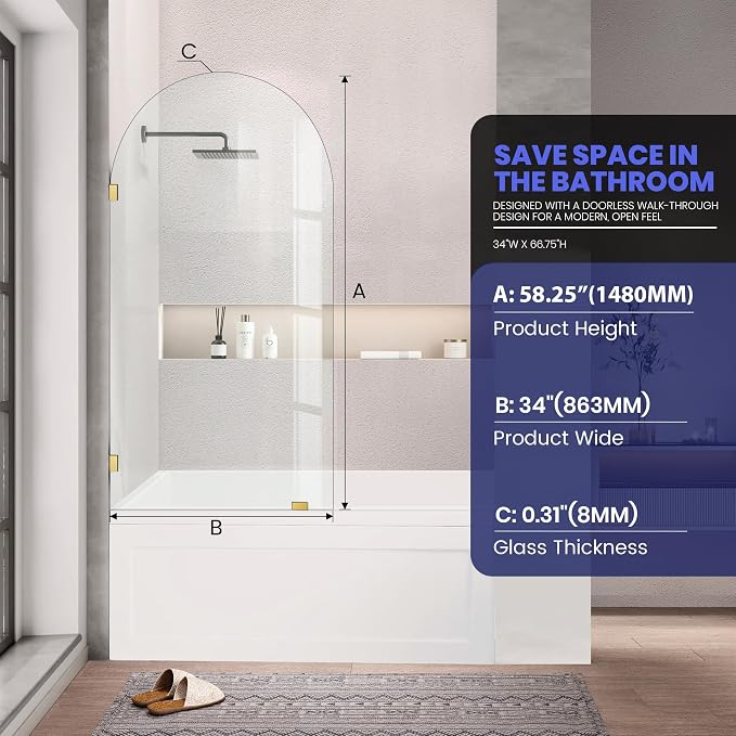 34" W X 58.25" H Tub Shower Door, Frameless Bathtub Glass Shower Door - Image 3