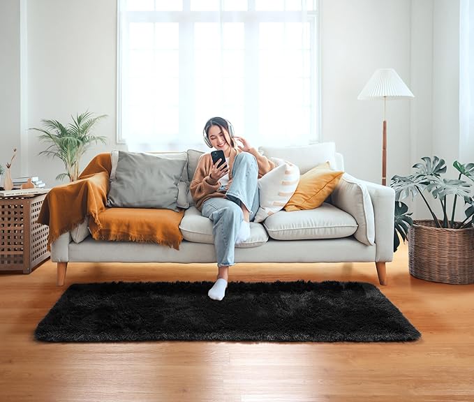 ONASAR Black Runner Rugs for Bedroom Living Room, Washable Bedside Fluffy Area Rug 2x6 Feet, Ultra Soft Plush Shaggy Furry Floor Throw Carpet for Hallway Baby Kids Dorm Closet Home Decor