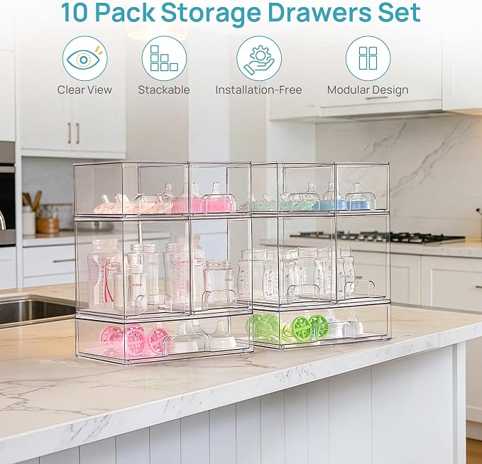 Vtopmart 10 Pack Clear Baby Bottle Organizer Set, Stackable Storage Drawers - Image 3