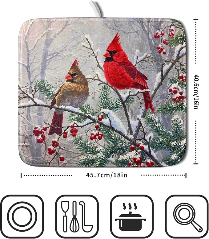 Red Bird Dish Drying Mat Merry Christmas Dishes Pad Absorbent Fast Dry Dish - Image 2