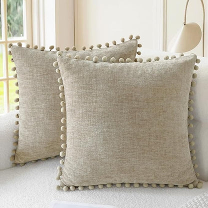 CaliTime Throw Pillow Covers Decorative 16 X 16 Inches Pack of 2 Cozy Solid Dyed Soft Chenille Cushion Cases with Pom Poms for Couch Sofa Bed Living Room Home Taupe