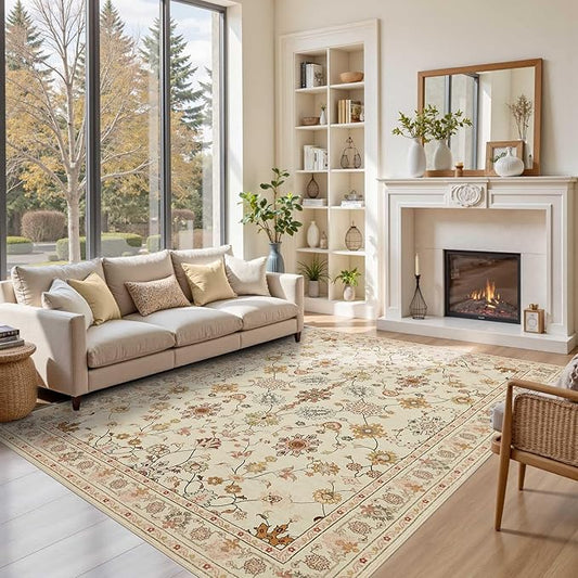 Floral Rug for Living Room Bedroom, 6x9 Washable Rug, Vintage Boho Area Rug by Rugxara