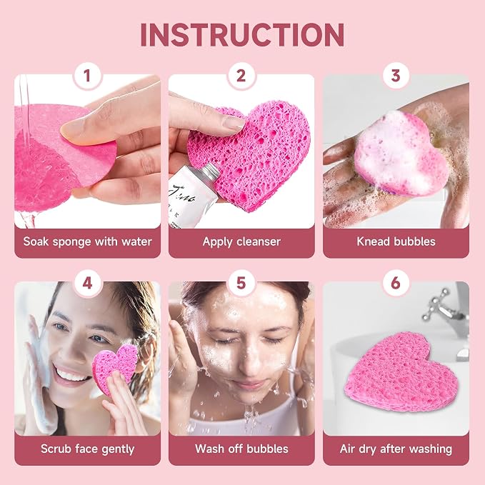 100 Count Compressed Pink Heart Facial Sponges 100% Natural Cellulose - Image 2