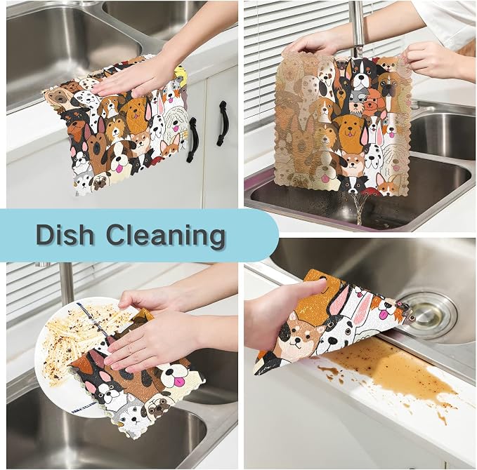 Dish Towels Kitchen Cleaning Cloths Cute Doodle Dog Print Animal Dish Cloths - Image 2