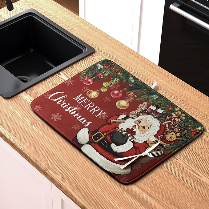 Merry Christmas Dish Drying Mat Santa Claus Kitchen Drainer Mats Microfiber - Image 6