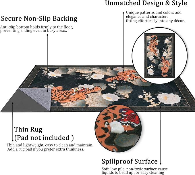 Japanese Tiger 5X7 Area Rug, Washable Black Leopard Tiger Rugs - Image 5