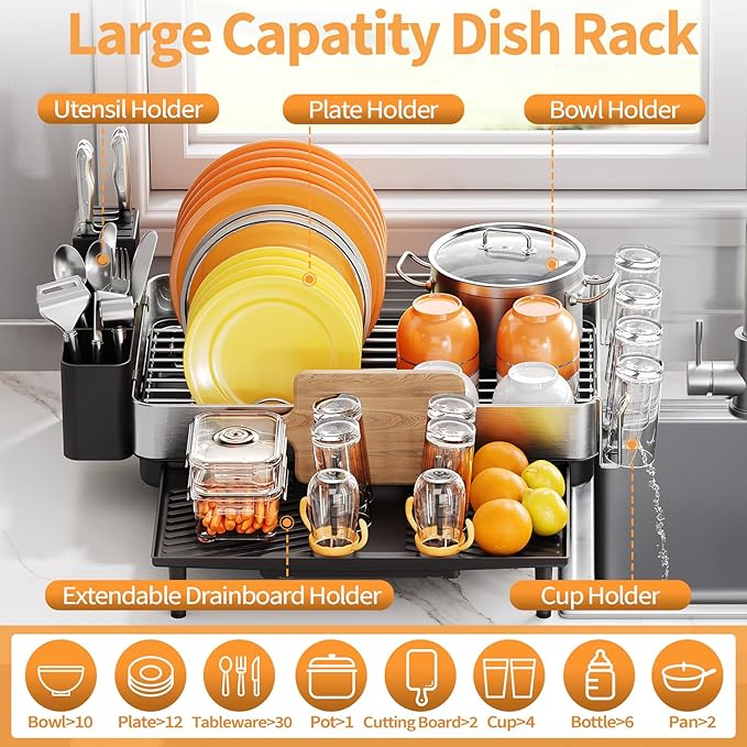 Dish Rack for Kitchen Counter, 304 Stainless Steel Dish Drying Rack, Expandable - Image 5