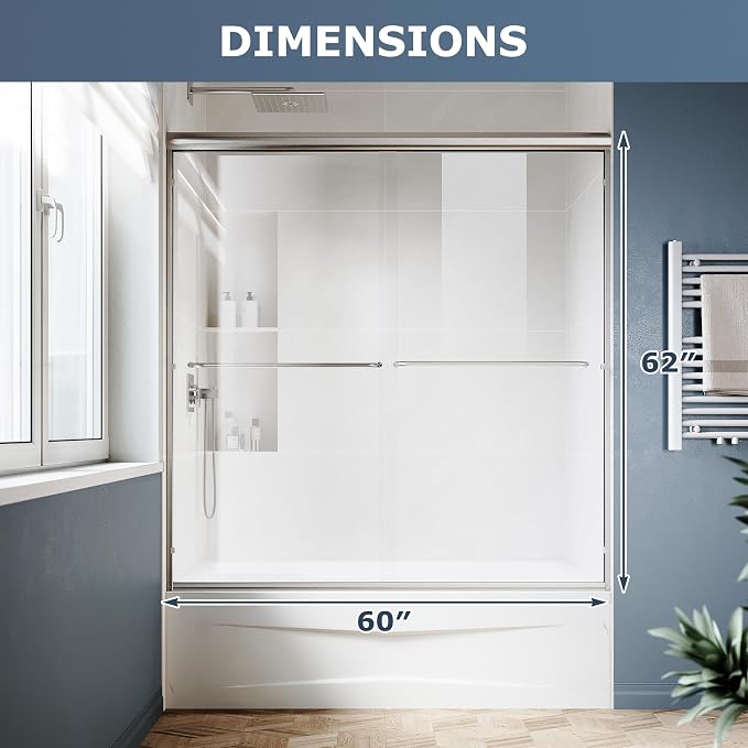 SUNNY SHOWER Double Sliding Glass Door 60" W x 62" H Shower Door 1/4" Tempered - Image 7