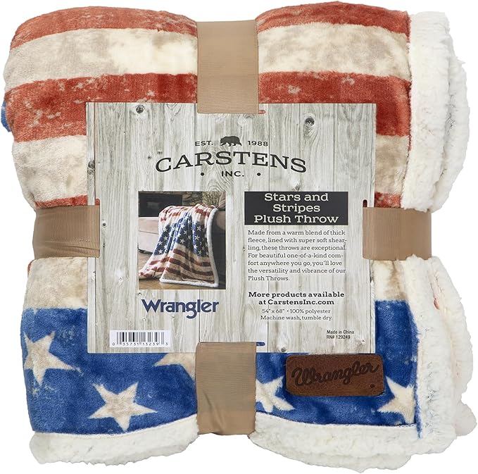 CARSTENS, INC. Wrangler Ultra Premium Super Soft Plush Sherpa Fleece Oversized Throw Blanket 54" x 68", Stars & Stripes