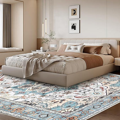 WILLSUN Washable Area Rugs, 8x10 Non-Slip Boho Large Area Rugs for Living Room, Bedroom, Machine Washable Vintage Rug, Indoor Floral Print Carpet for Home Decor, Kid & Pet Friendly Mat