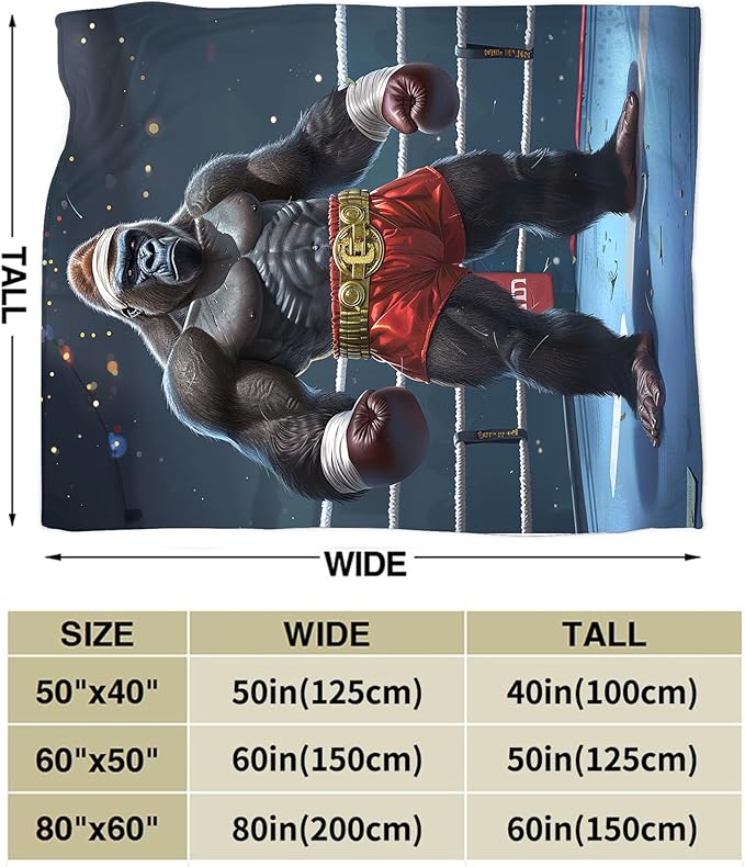Gorilla Boxing Throw Blanket - Funny Boxing Gifts and Decor - Soft, Warm, Cozy Fleece Blanket for Men, Women, Boys, Girls - 50"x40"