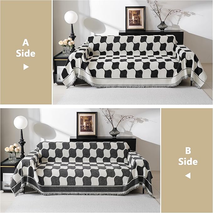 MEETSKY Couch Cover Sofa Covers Washable Simple Modern Black Triangle Plaid Geometric Jacquard Sofa Slipcover for 3 Cushion Couch Covers for Dogs, 91" x 134", Black Checkerboard