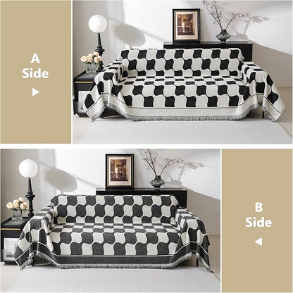MEETSKY Couch Cover Sofa Covers Washable Simple Modern Black Triangle Plaid Geometric Jacquard Sofa Slipcover for 3 Cushion Couch Covers for Dogs, 91" x 134", Black Checkerboard