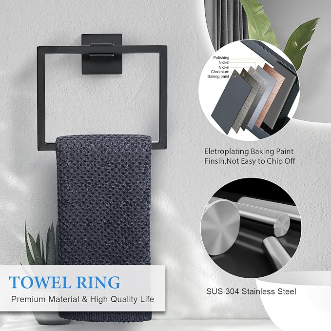 TNOMS 6-Piece Black Bathroom Hardware Set 23.6 Inch Towel Bar Set Double Towel - Image 3