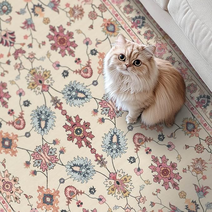 Pink Rug for Living Room Bedroom, Floral 4x6 Washable Rug, Vintage Boho Area Rug - Image 3