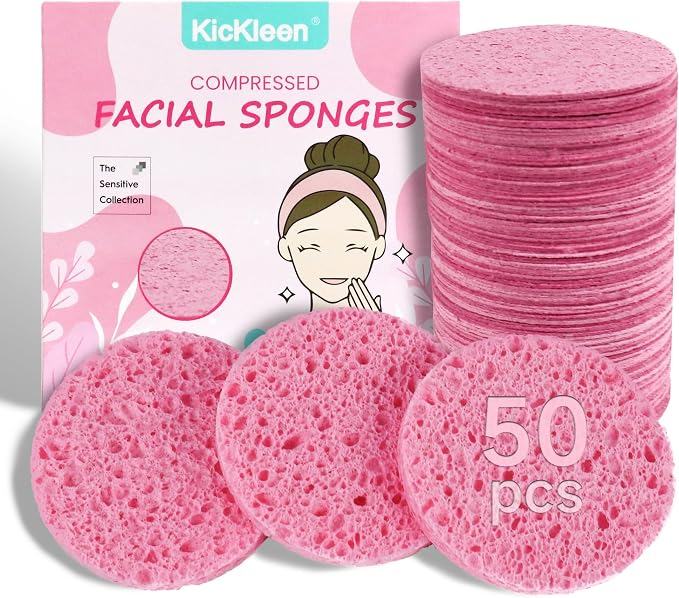 50-Count Compressed Facial Sponges|Kickleen 100% Natural Cellulose Cosmetic Spa by KICKLEEN