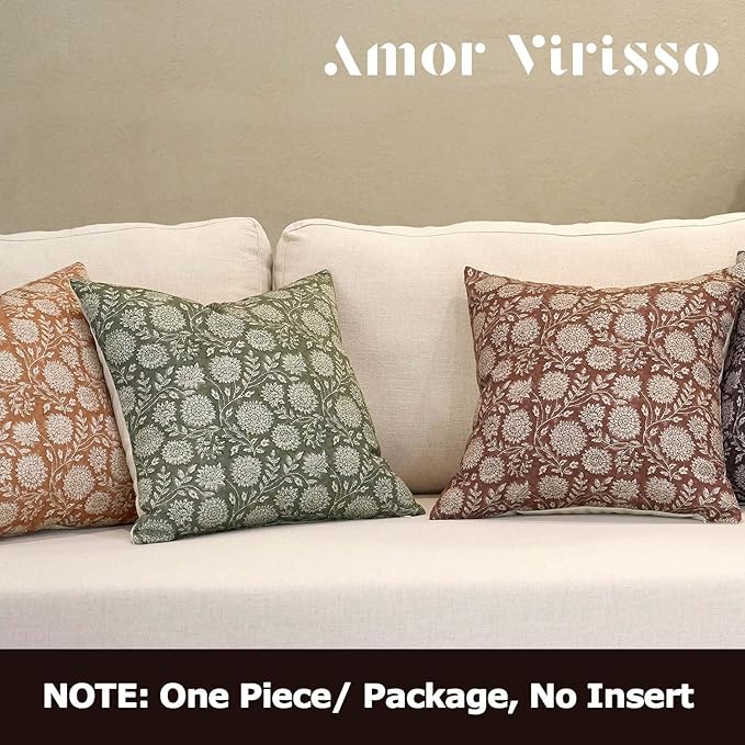 Amor Virisso Floral Pillow Covers 18x18 Throw Pillow Covers Vintage Block Print Pillow Cover Neutral Couch Pillows for Living Room Farmhouse Decorative Accent Sofa Pillows, Brown