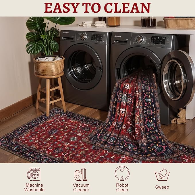 Tangsoo 2x3 Washable Rugs for Entryway, Vintage Floral Rug Red Small Area Rug Non-Slip Soft Low Pile, Small Carpet Door Mat, Front Door Indoor Throw Rugs for Entrance Kitchen Entry