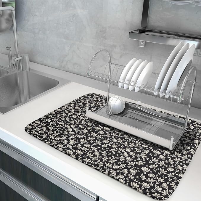 Floral Dish Drying Mat for Kitchen Counter 24x18 Inch Black Flower Drying Mat - Image 2