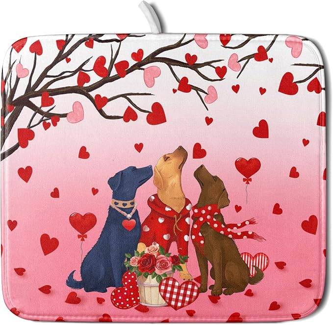 Love Dog Dish Drying Mat 16"x18" Red Heart Microfiber Dish Drainer Mat Hanging by Giwawa