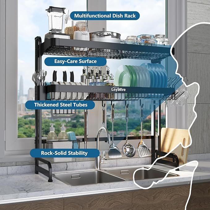 Over Sink Dish Drying Rack, 3 Tier Adjustable Length Full Stainless Steel Large - Image 3