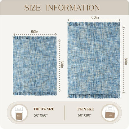 Multi-Color Light Blue Cable Knitted Throw Blanket for Couch,60"X80" Boho Style Textured Blankets for Home Decor,Super Soft Warm Cozy Chunky Knit Blanket with Decorative Tassels for Bed
