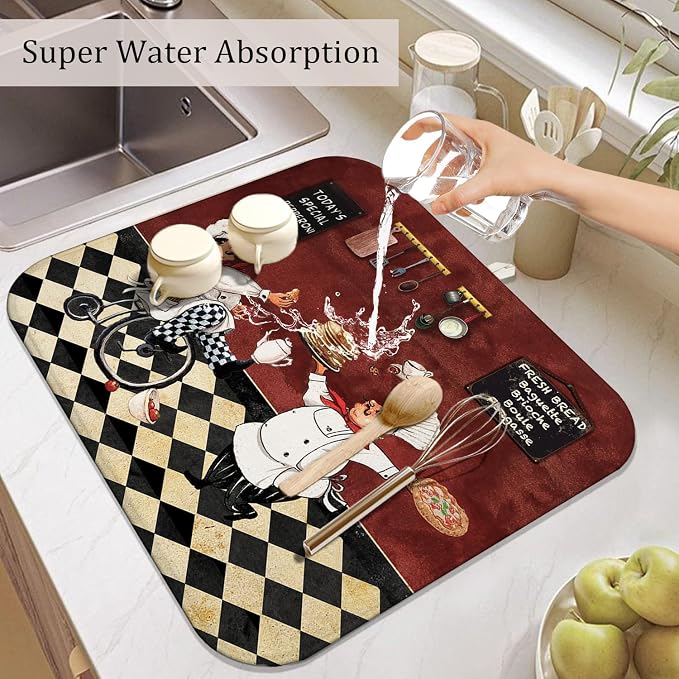 Chef Dish Drying Mat For Kitchen Counter, Italian Wine Red Fat Chef Microfiber - Image 5