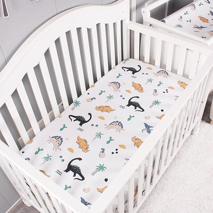 Belsden Pack of 3 Dinosaur Fitted Crib Sheet Set for Baby Boy, Universal Fits Standard Size Crib and Toddler Mattress 28" x 52", Soft Breathable and Machine Washable, Dino & Navy & Gray