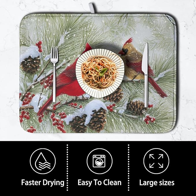 Winter Dish Drying Mat for Kitchen Counter 18x24 Inch Christmas Red Birds - Image 4