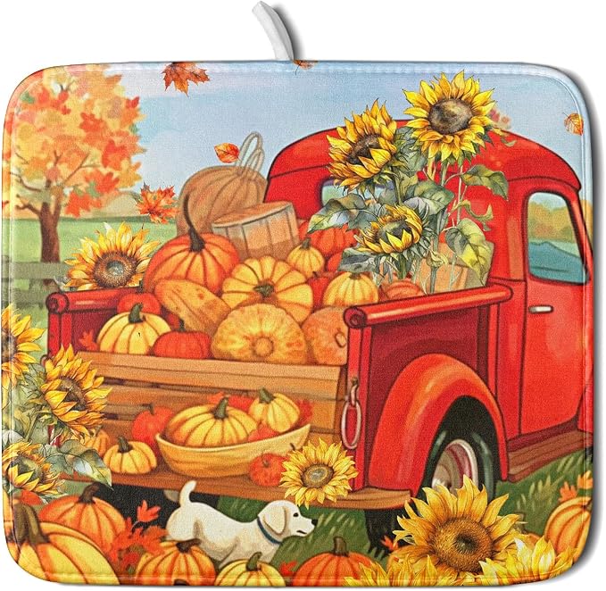 Autumn Pumpkin Red Truck Dish Drying Mat by Sweetshow