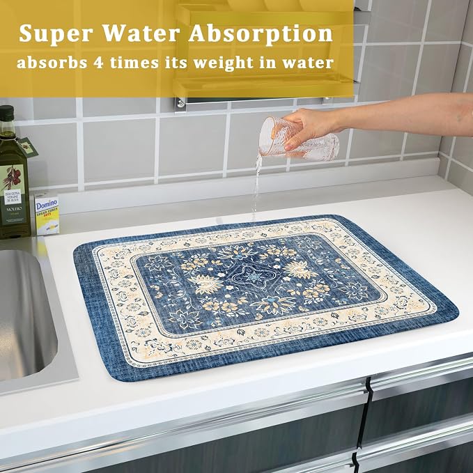 Blue Boho Dish Drying Mat for Kitchen Counter 18x24 Inch Fast Dry Drying Pad - Image 7
