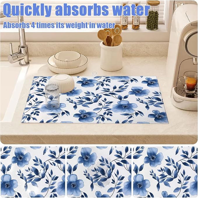 Blue Floral Dish Drying Mat for Kitchen Counter Flower Leaves Drying Pad - Image 4